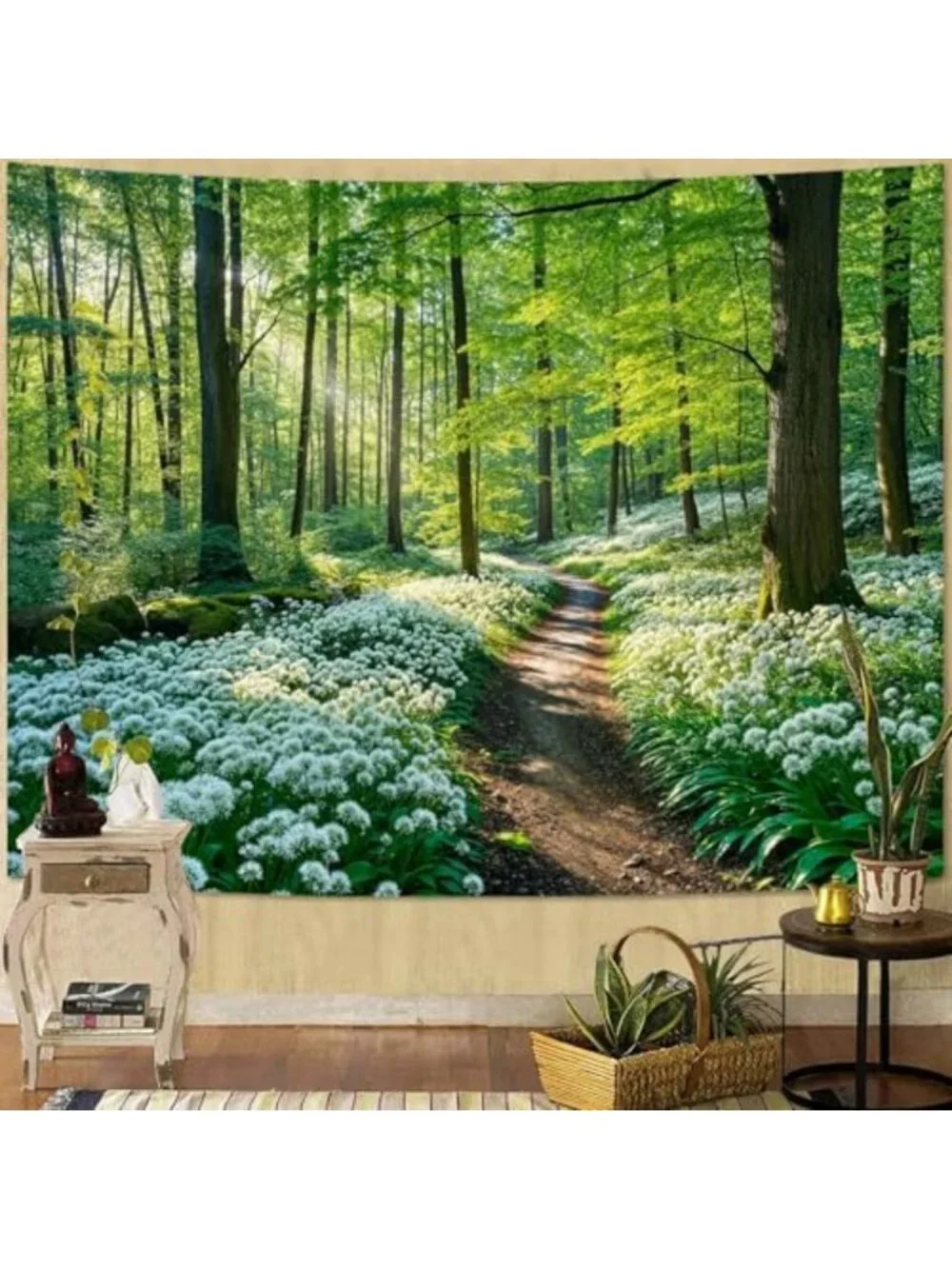 Large Nature Forest Tapestry - Green Tree & White Flower Wall Art for Aesthetic